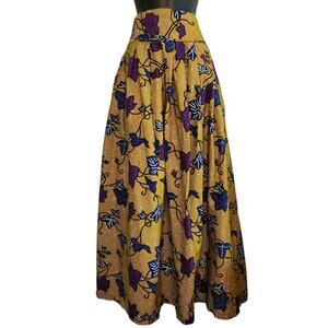 African Ankara print handmade maxi skirt yellow purple and blue leaves